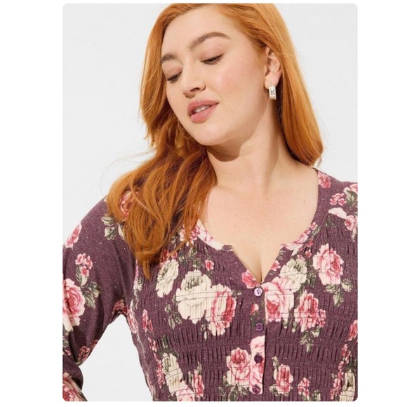 Large, 1X, 4X - TORRID - Jersey Raglan Smocked Henley Babydoll Top Stretch NEW - Picture 3 of 5